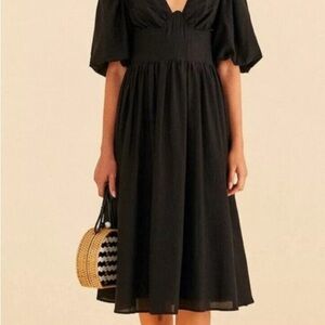 Farm Rio Puff Sleeve Black Midi Dress
